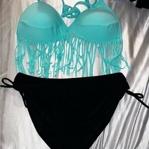 Hula Honey Aqua Fringe Balconette Bikini Top with Black Tie-Side Bottoms
